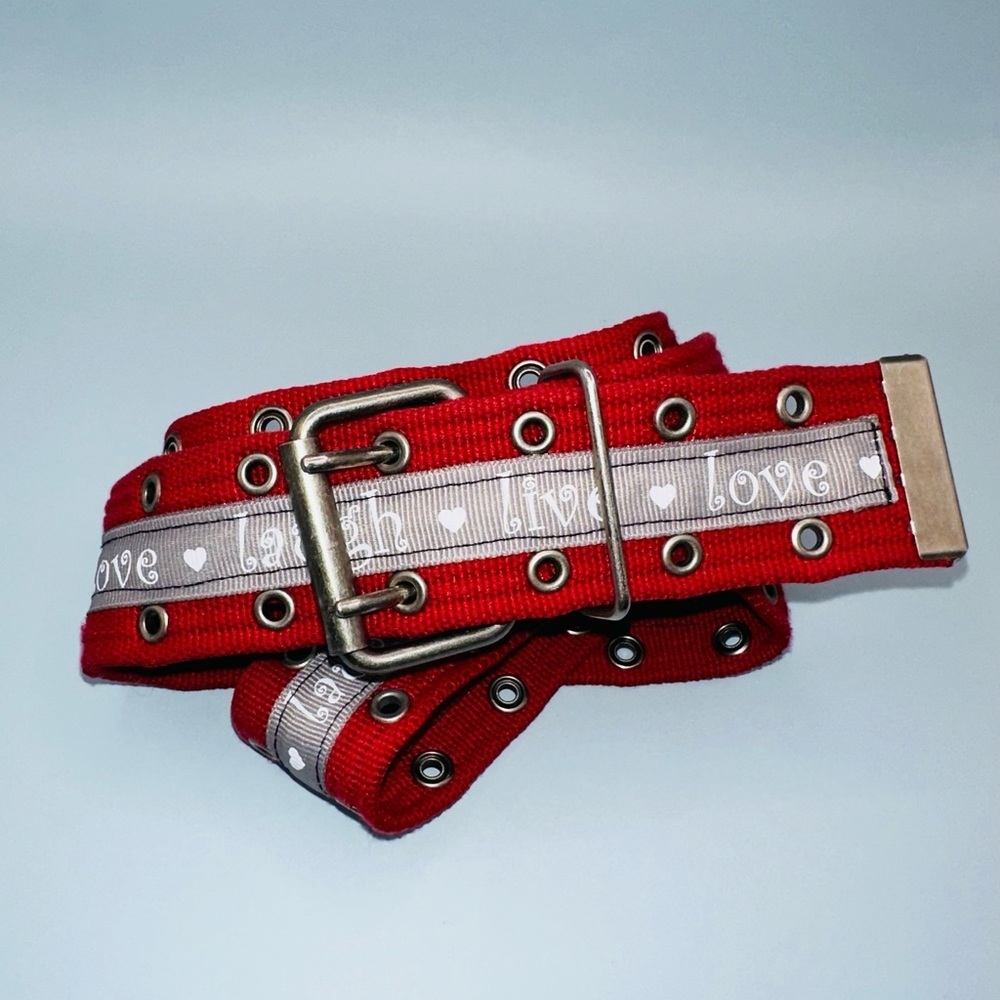 Red belt with ❤️live💜love♥️laugh ribbon. 1.5” wide x 39.5” and super adjustable - Picture 3 of 10